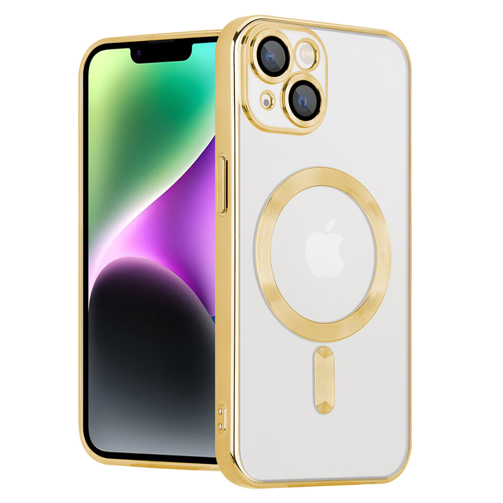 Coverzs Coverzs geschikt voor iPhone 14 Magsafe hoesje met camera cover (goud) + ShieldCase screenprotector - beschermglas iPhone bescherming - iPhone case bescherm hoesje + Screenprotector