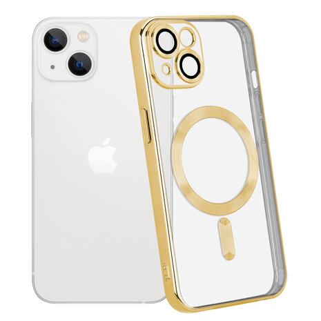 Coverzs Coverzs geschikt voor iPhone 14 Magsafe hoesje met camera cover (goud) + ShieldCase screenprotector - beschermglas iPhone bescherming - iPhone case bescherm hoesje + Screenprotector