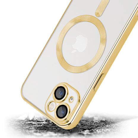 Coverzs Coverzs geschikt voor iPhone 14 Magsafe hoesje met camera cover (goud) + ShieldCase screenprotector - beschermglas iPhone bescherming - iPhone case bescherm hoesje + Screenprotector