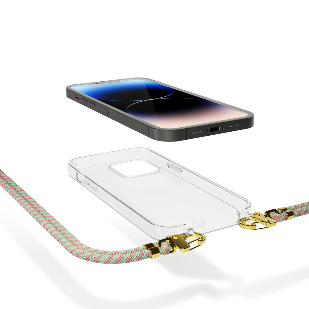 Coverzs Coverzs geschikt voor iPhone 14 Plus transparante case met koord (aqua/roze) + ShieldCase screenprotector - beschermglas iPhone bescherming - iPhone case bescherm hoesje + Screenprotector