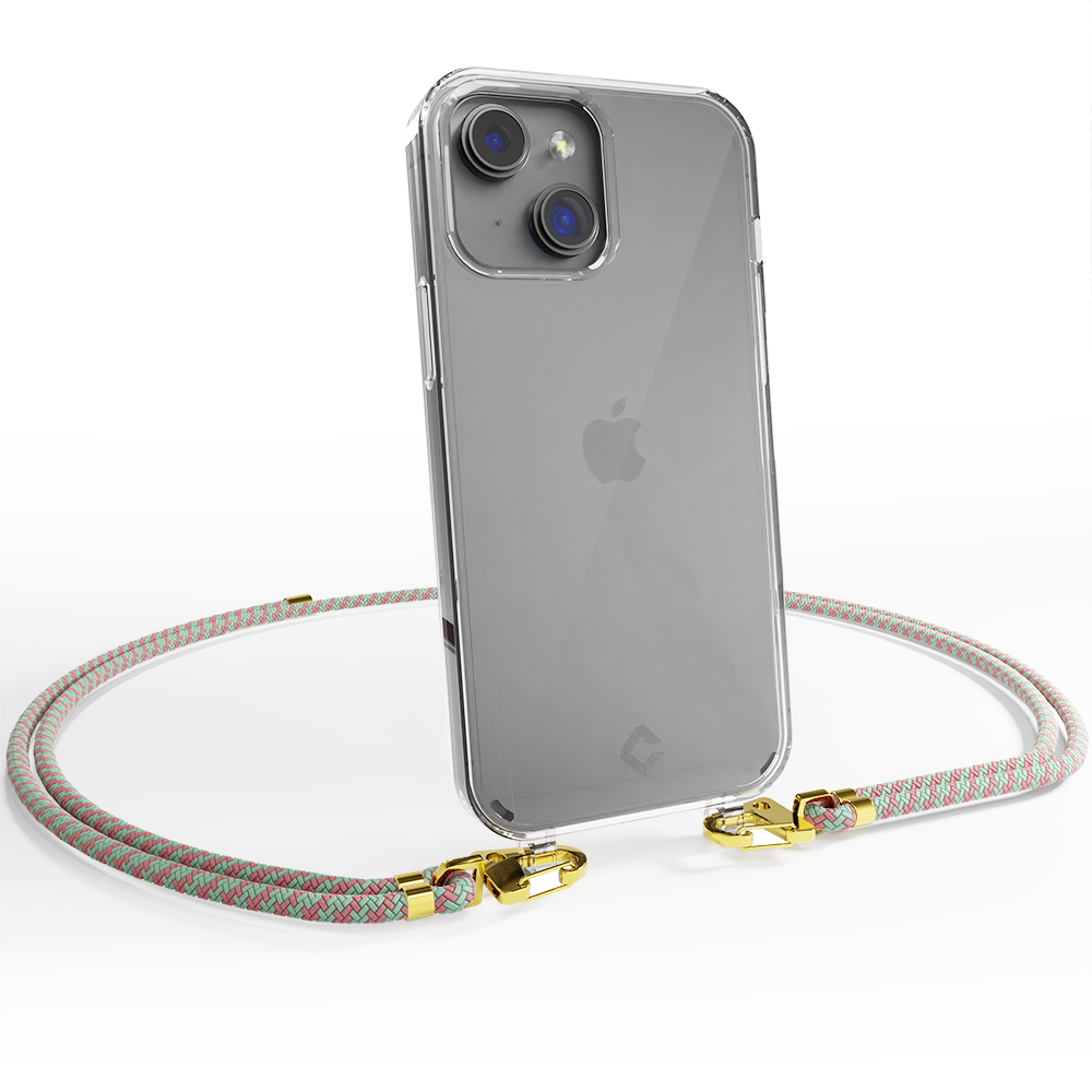 Coverzs Coverzs geschikt voor iPhone 14 Plus transparante case met koord (aqua/roze) + ShieldCase screenprotector - beschermglas iPhone bescherming - iPhone case bescherm hoesje + Screenprotector