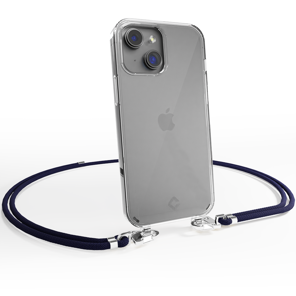 Coverzs Coverzs geschikt voor iPhone 14 Plus transparante case met koord (donkerblauw) + ShieldCase screenprotector - beschermglas iPhone bescherming - iPhone case bescherm hoesje + Screenprotector