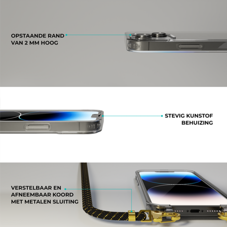 Coverzs Coverzs geschikt voor iPhone 14 Plus transparante case met koord (zwart/goud) + ShieldCase screenprotector - beschermglas iPhone bescherming - iPhone case bescherm hoesje + Screenprotector