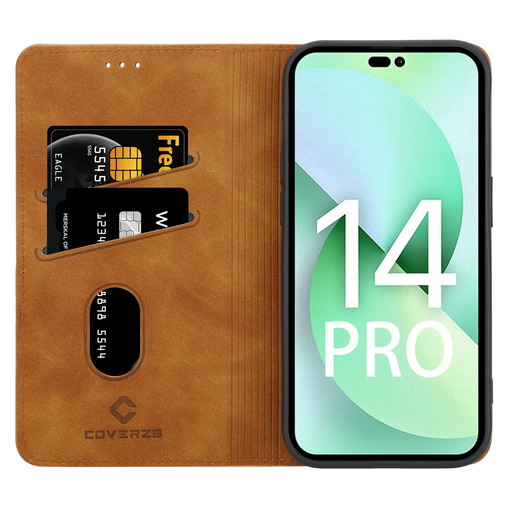 Coverzs Coverzs geschikt voor iPhone 14 Pro Luxe bookcase (bruin) + ShieldCase screenprotector - beschermglas iPhone bescherming - iPhone case bescherm hoesje + Screenprotector