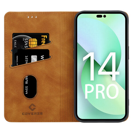 Coverzs Coverzs geschikt voor iPhone 14 Pro Luxe bookcase (bruin) + ShieldCase screenprotector - beschermglas iPhone bescherming - iPhone case bescherm hoesje + Screenprotector