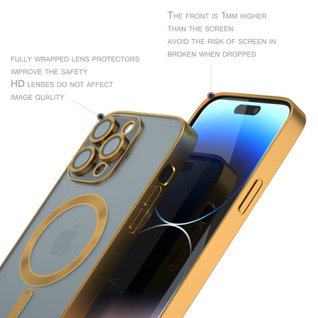 Coverzs Coverzs geschikt voor iPhone 14 Pro Magsafe hoesje met camera cover (goud) + ShieldCase screenprotector - beschermglas iPhone bescherming - iPhone case bescherm hoesje + Screenprotector
