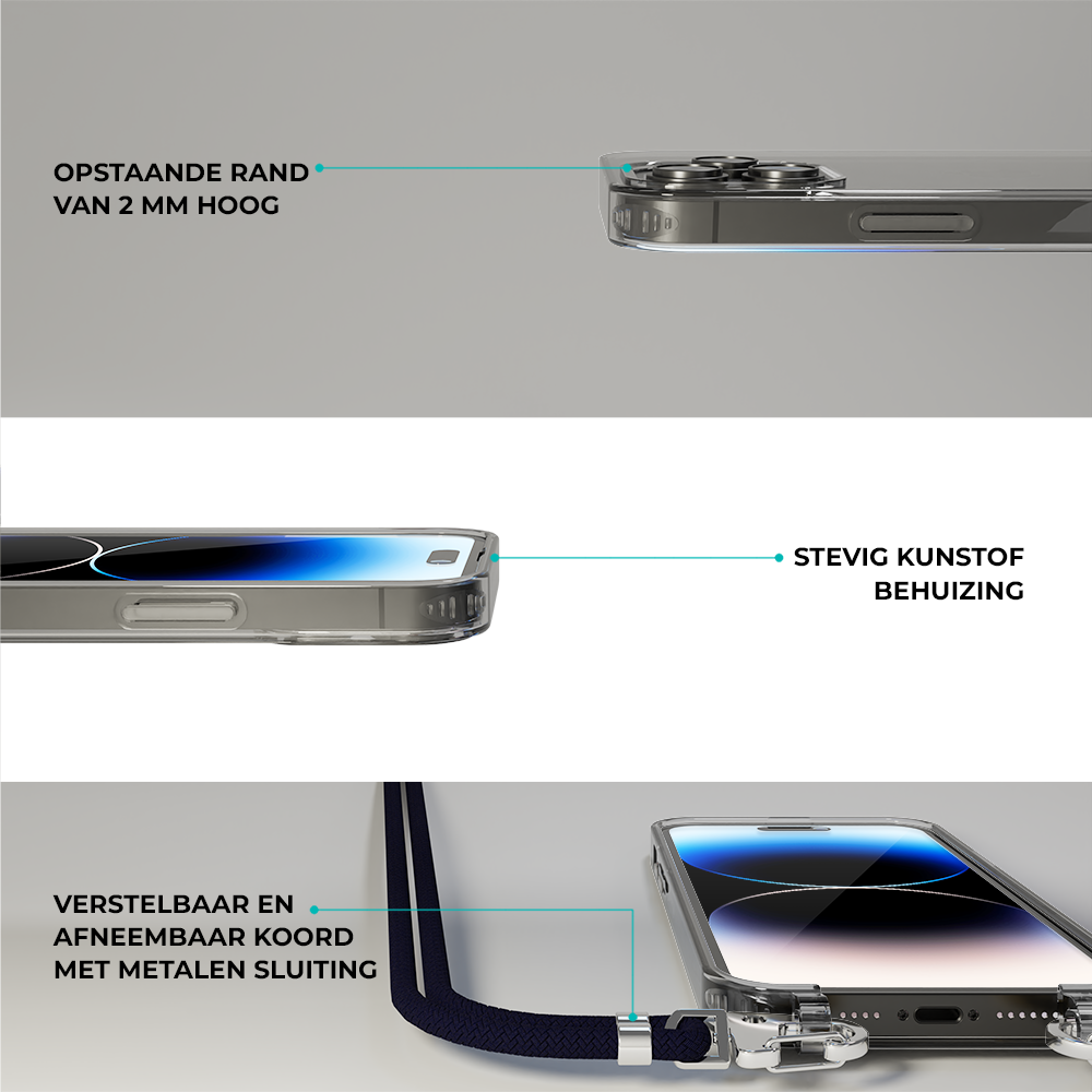 Coverzs Coverzs geschikt voor iPhone 14 Pro Max transparante case met koord (donkerblauw) + ShieldCase screenprotector - beschermglas iPhone bescherming - iPhone case bescherm hoesje + Screenprotector