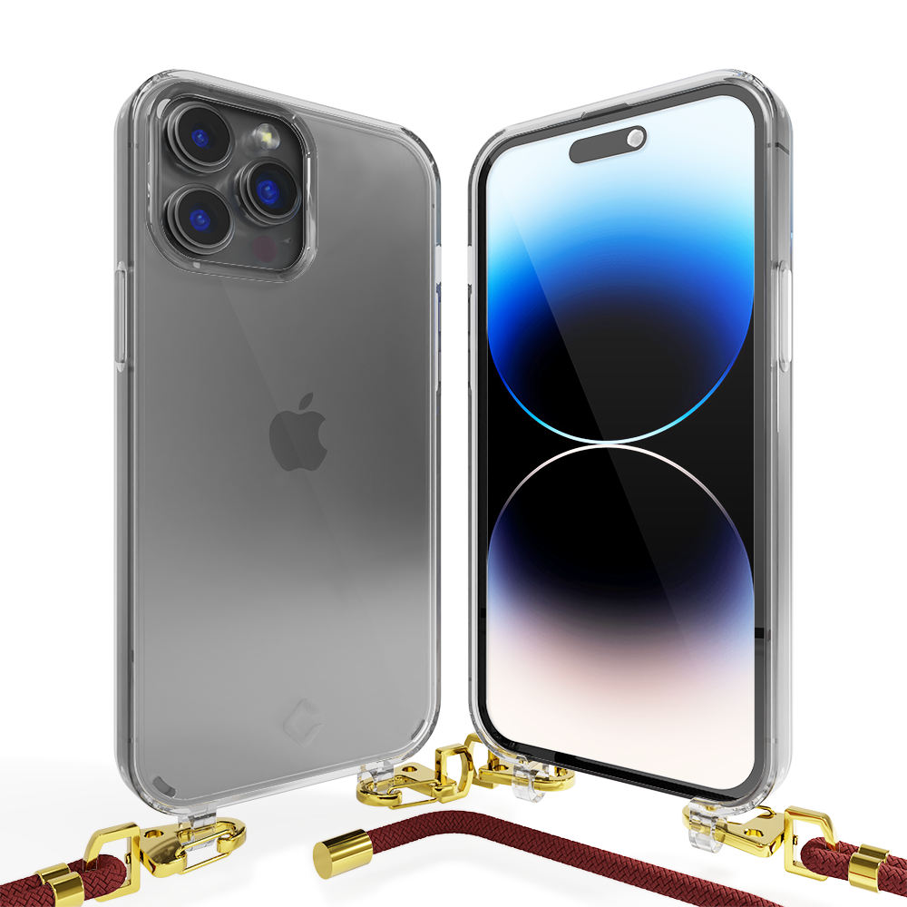 Coverzs Coverzs geschikt voor iPhone 14 Pro Max transparante case met koord (donkerrood) + ShieldCase screenprotector - beschermglas iPhone bescherming - iPhone case bescherm hoesje + Screenprotector