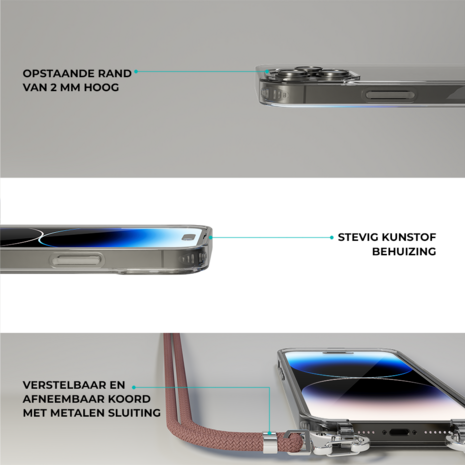 Coverzs Coverzs geschikt voor iPhone 14 Pro Max transparante case met koord (roze) + ShieldCase screenprotector - beschermglas iPhone bescherming - iPhone case bescherm hoesje + Screenprotector