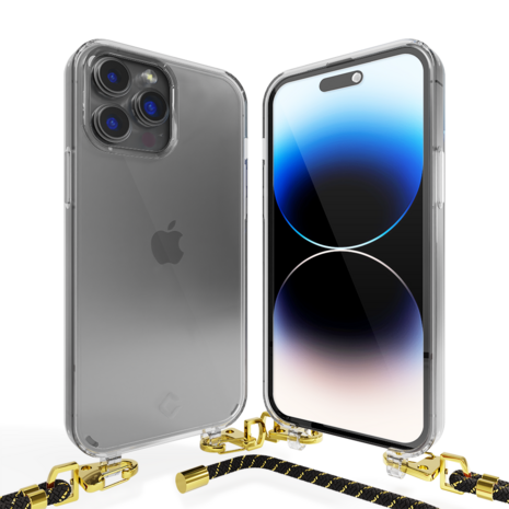 Coverzs Coverzs geschikt voor iPhone 14 Pro Max transparante case met koord (zwart/goud) + ShieldCase screenprotector - beschermglas iPhone bescherming - iPhone case bescherm hoesje + Screenprotector