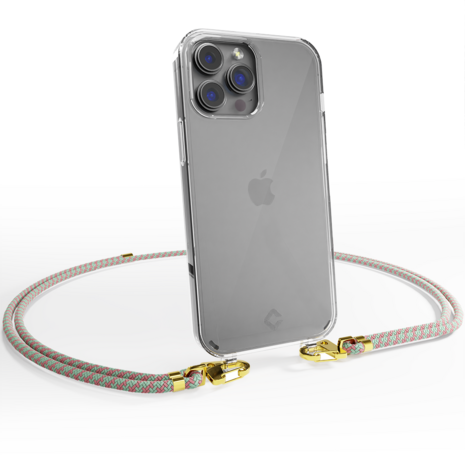 Coverzs Coverzs geschikt voor iPhone 14 Pro transparante case met koord (aqua/roze) + ShieldCase screenprotector - beschermglas iPhone bescherming - iPhone case bescherm hoesje + Screenprotector