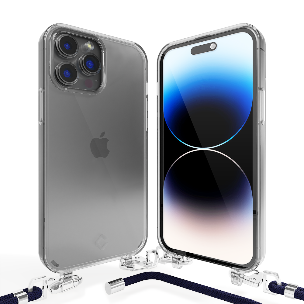 Coverzs Coverzs geschikt voor iPhone 14 Pro transparante case met koord (donkerblauw) + ShieldCase screenprotector - beschermglas iPhone bescherming - iPhone case bescherm hoesje + Screenprotector