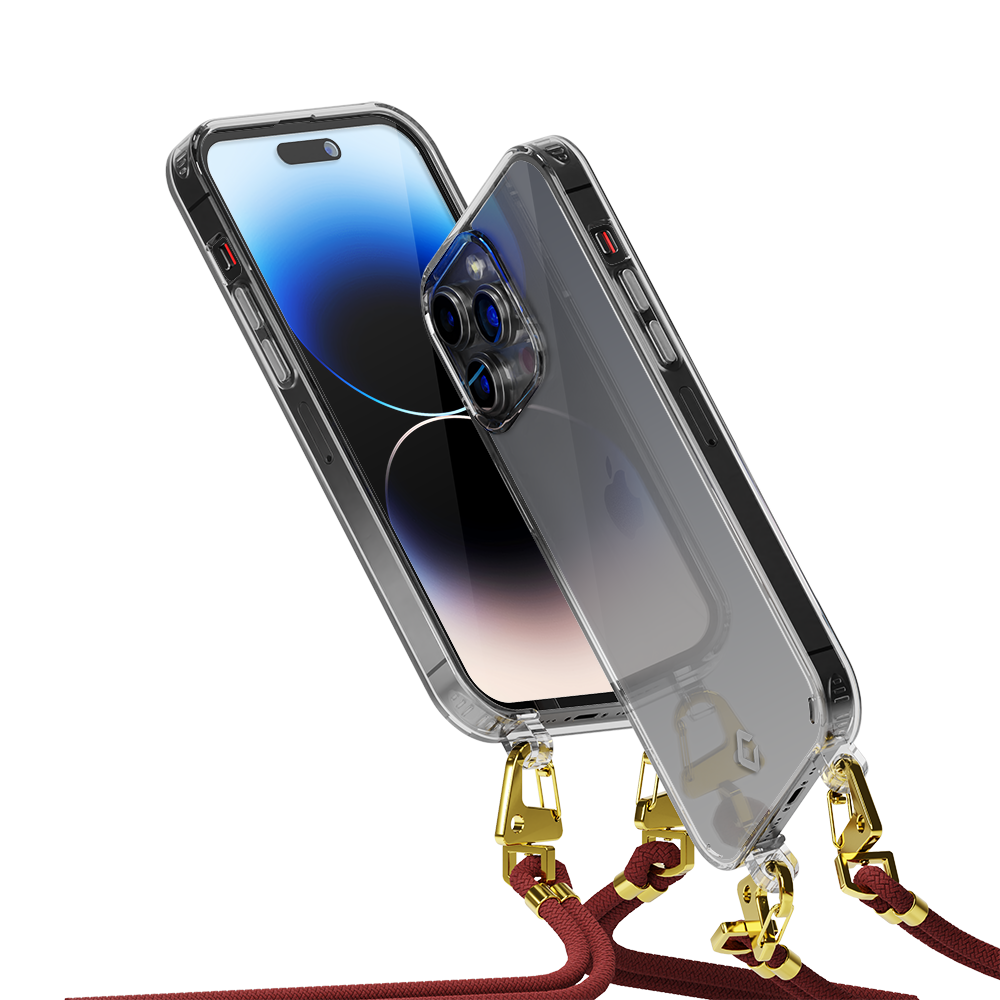 Coverzs Coverzs geschikt voor iPhone 14 Pro transparante case met koord (donkerrood) + ShieldCase screenprotector - beschermglas iPhone bescherming - iPhone case bescherm hoesje + Screenprotector