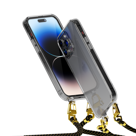 Coverzs Coverzs geschikt voor iPhone 14 Pro transparante case met koord (zwart/goud) + ShieldCase screenprotector - beschermglas iPhone bescherming - iPhone case bescherm hoesje + Screenprotector