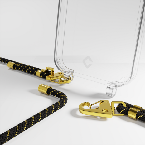 Coverzs Coverzs geschikt voor iPhone 14 Pro transparante case met koord (zwart/goud) + ShieldCase screenprotector - beschermglas iPhone bescherming - iPhone case bescherm hoesje + Screenprotector