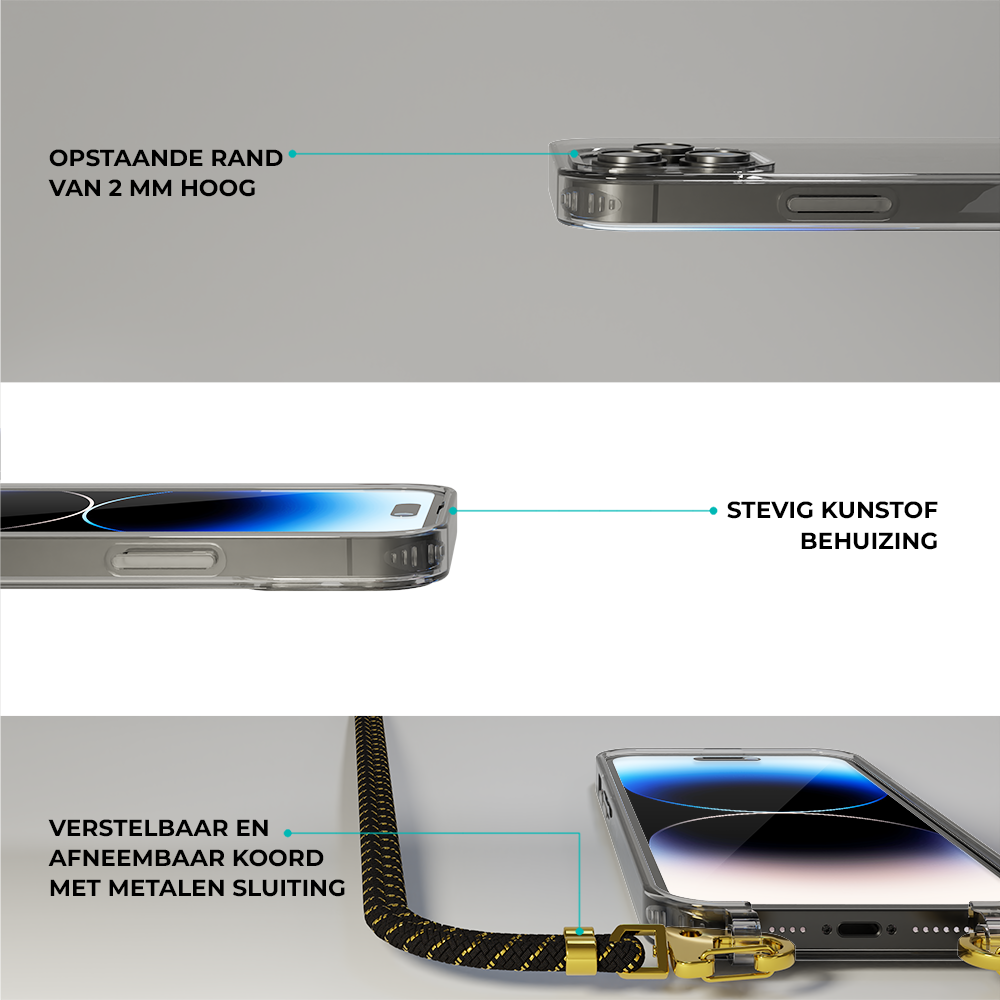 Coverzs Coverzs geschikt voor iPhone 14 Pro transparante case met koord (zwart/goud) + ShieldCase screenprotector - beschermglas iPhone bescherming - iPhone case bescherm hoesje + Screenprotector
