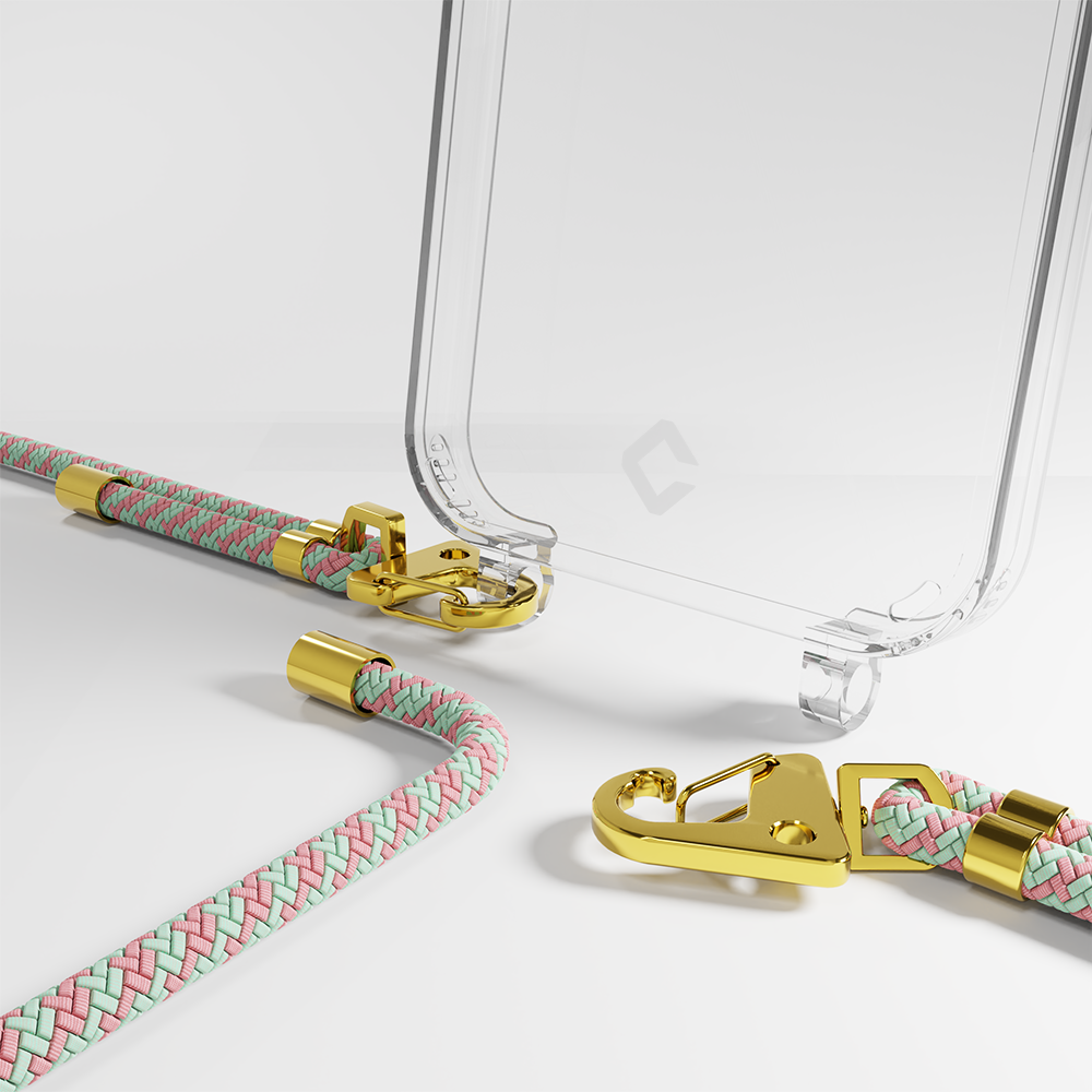 Coverzs Coverzs geschikt voor iPhone 14 transparante case met koord (aqua/roze) + ShieldCase screenprotector - beschermglas iPhone bescherming - iPhone case bescherm hoesje + Screenprotector