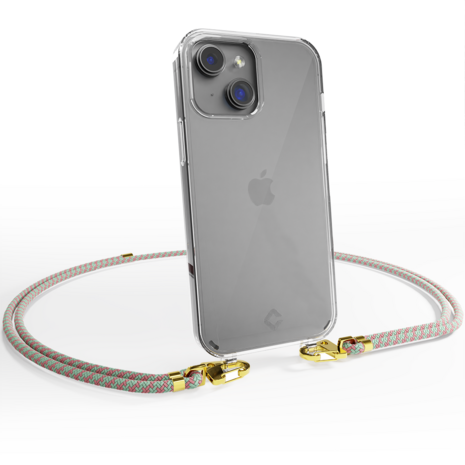 Coverzs Coverzs geschikt voor iPhone 14 transparante case met koord (aqua/roze) + ShieldCase screenprotector - beschermglas iPhone bescherming - iPhone case bescherm hoesje + Screenprotector