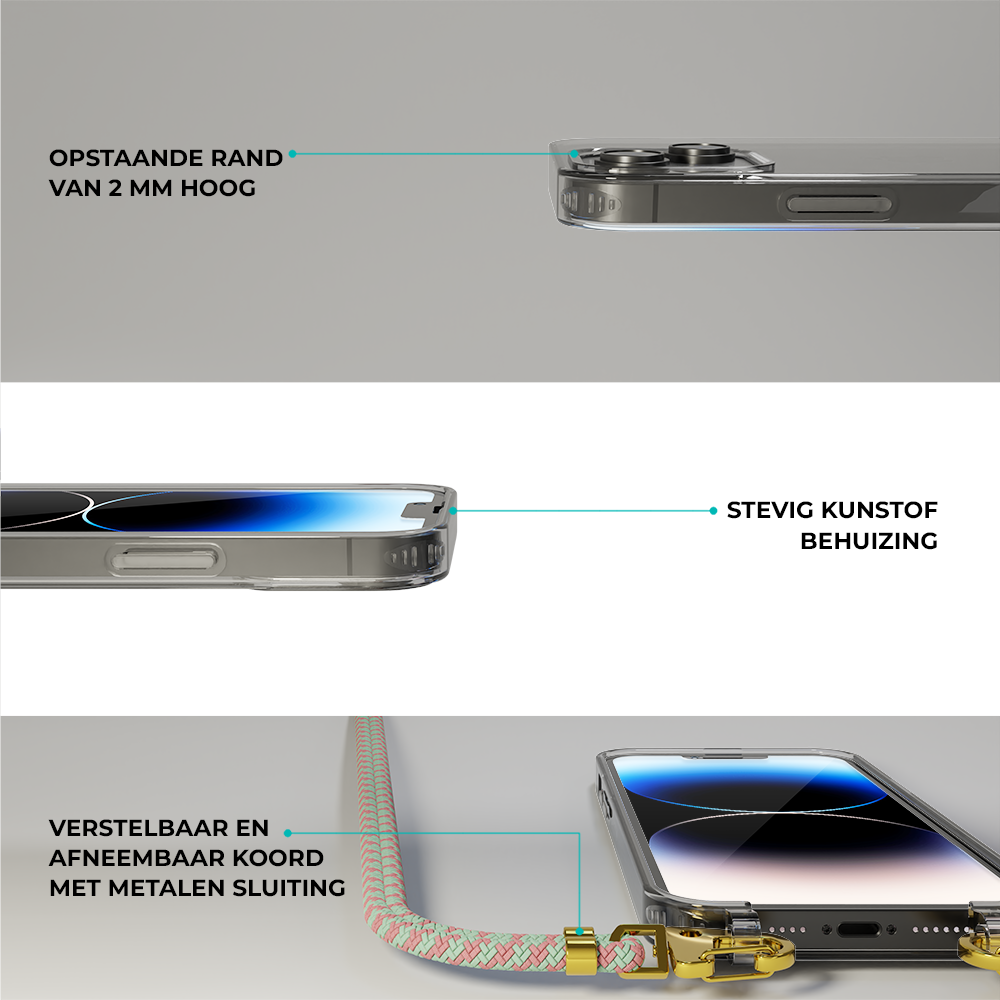 Coverzs Coverzs geschikt voor iPhone 14 transparante case met koord (aqua/roze) + ShieldCase screenprotector - beschermglas iPhone bescherming - iPhone case bescherm hoesje + Screenprotector