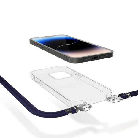 Coverzs Coverzs geschikt voor iPhone 14 transparante case met koord (donkerblauw) + ShieldCase screenprotector - beschermglas iPhone bescherming - iPhone case bescherm hoesje + Screenprotector