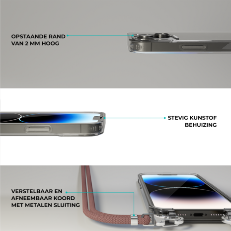 Coverzs Coverzs geschikt voor iPhone 14 transparante case met koord (roze) + ShieldCase screenprotector - beschermglas iPhone bescherming - iPhone case bescherm hoesje + Screenprotector