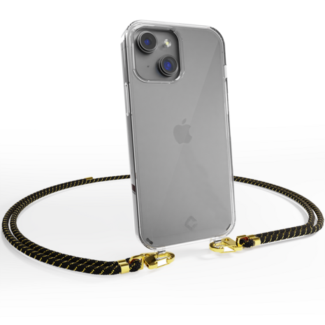 Coverzs Coverzs geschikt voor iPhone 14 transparante case met koord (zwart/goud) + ShieldCase screenprotector - beschermglas iPhone bescherming - iPhone case bescherm hoesje + Screenprotector