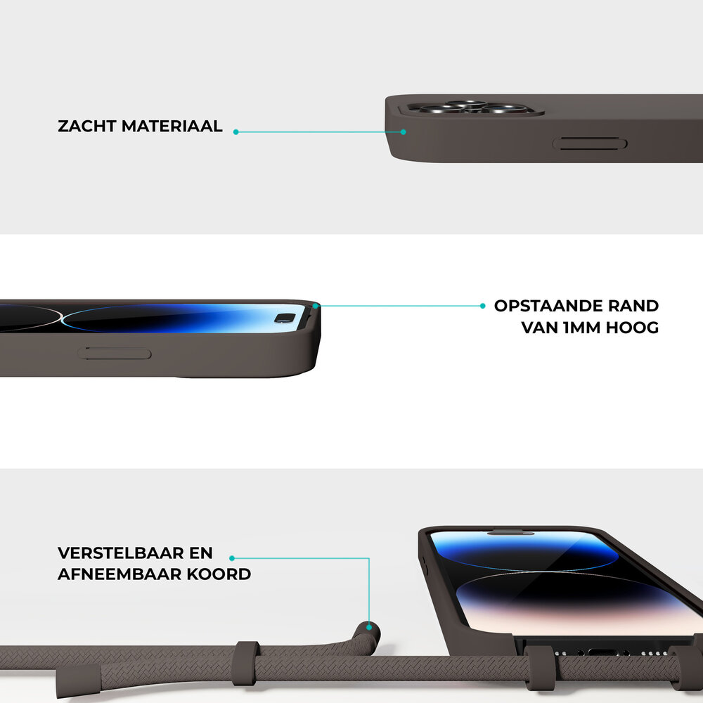 Coverzs Coverzs Silicone case met koord geschikt voor iPhone 14 (koffiezwart) + ShieldCase screenprotector - beschermglas iPhone bescherming - iPhone case bescherm hoesje + Screenprotector