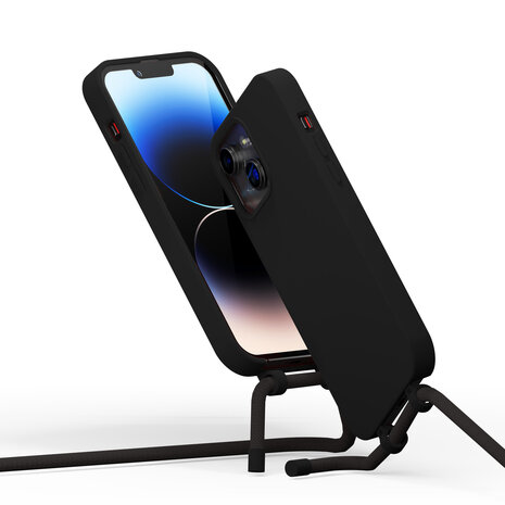 Coverzs Coverzs Silicone case met koord geschikt voor iPhone 14 (zwart) + ShieldCase screenprotector - beschermglas iPhone bescherming - iPhone case bescherm hoesje + Screenprotector