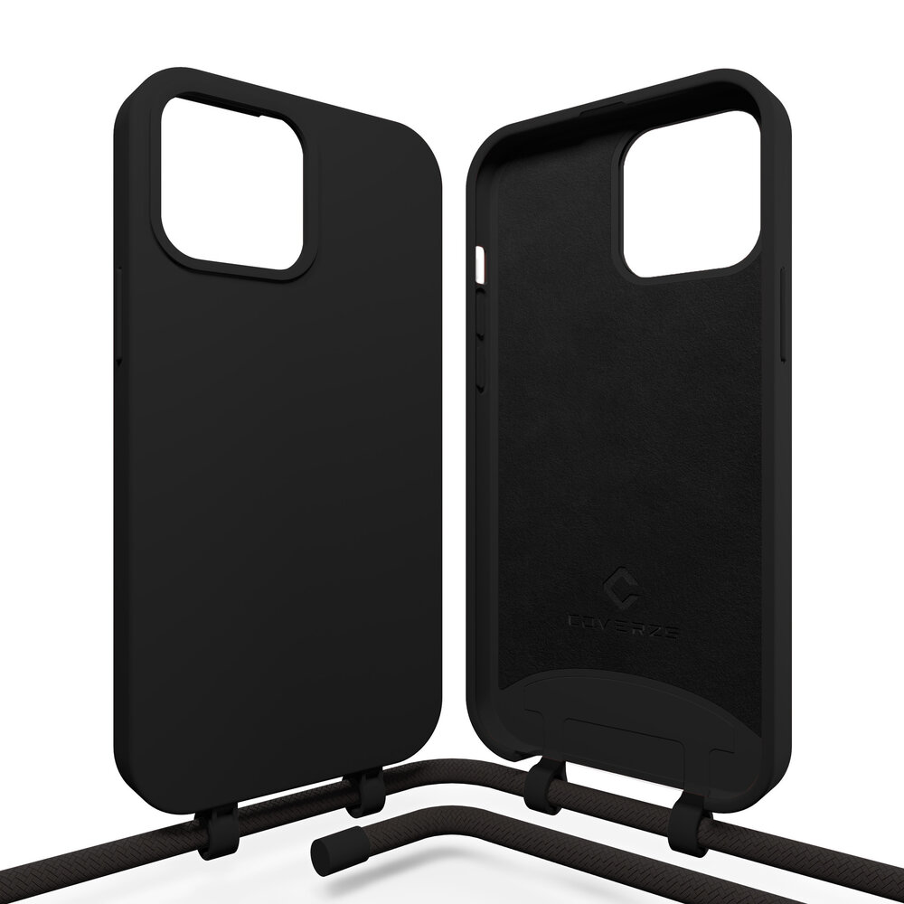 Coverzs Coverzs Silicone case met koord geschikt voor iPhone 14 (zwart) + ShieldCase screenprotector - beschermglas iPhone bescherming - iPhone case bescherm hoesje + Screenprotector