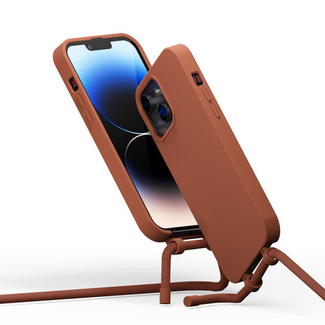 Coverzs Coverzs Silicone case met koord geschikt voor iPhone 14 Plus (bruin) + ShieldCase screenprotector - beschermglas iPhone bescherming - iPhone case bescherm hoesje + Screenprotector