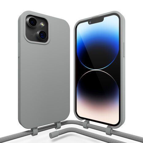 Coverzs Coverzs Silicone case met koord geschikt voor iPhone 14 Plus (grijs) + ShieldCase screenprotector - beschermglas iPhone bescherming - iPhone case bescherm hoesje + Screenprotector
