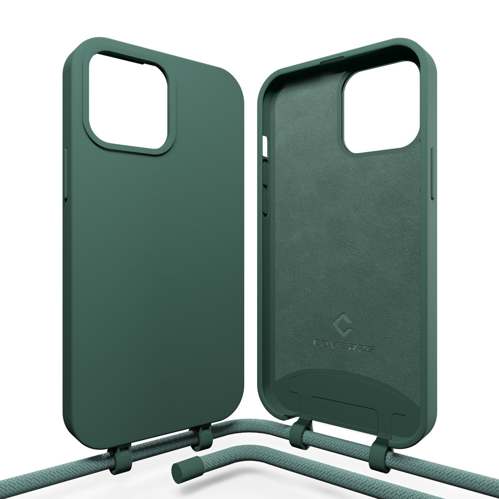 Coverzs Coverzs Silicone case met koord geschikt voor iPhone 14 Plus (groen) + ShieldCase screenprotector - beschermglas iPhone bescherming - iPhone case bescherm hoesje + Screenprotector