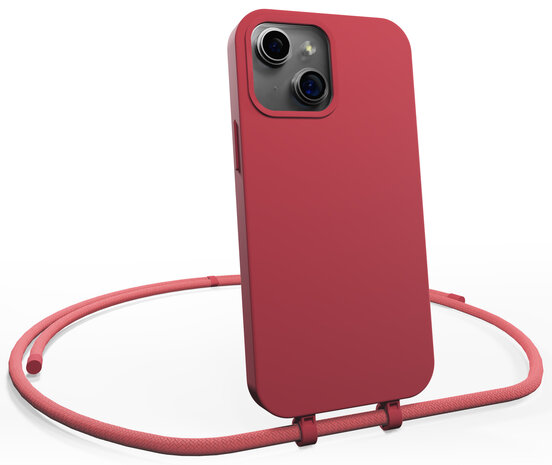 Coverzs Coverzs Silicone case met koord geschikt voor iPhone 14 Plus (rood) + ShieldCase screenprotector - beschermglas iPhone bescherming - iPhone case bescherm hoesje + Screenprotector