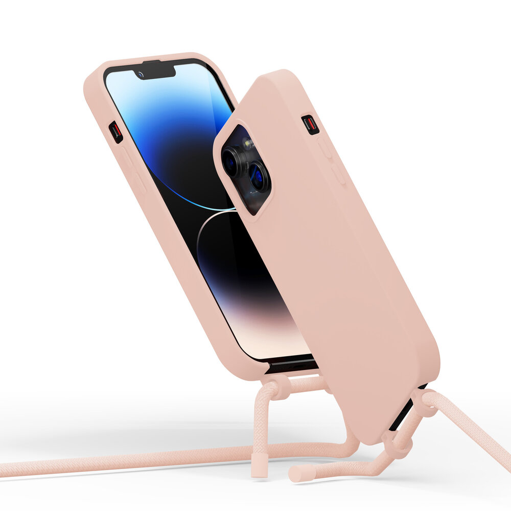 Coverzs Coverzs Silicone case met koord geschikt voor iPhone 14 Plus (roze) + ShieldCase screenprotector - beschermglas iPhone bescherming - iPhone case bescherm hoesje + Screenprotector
