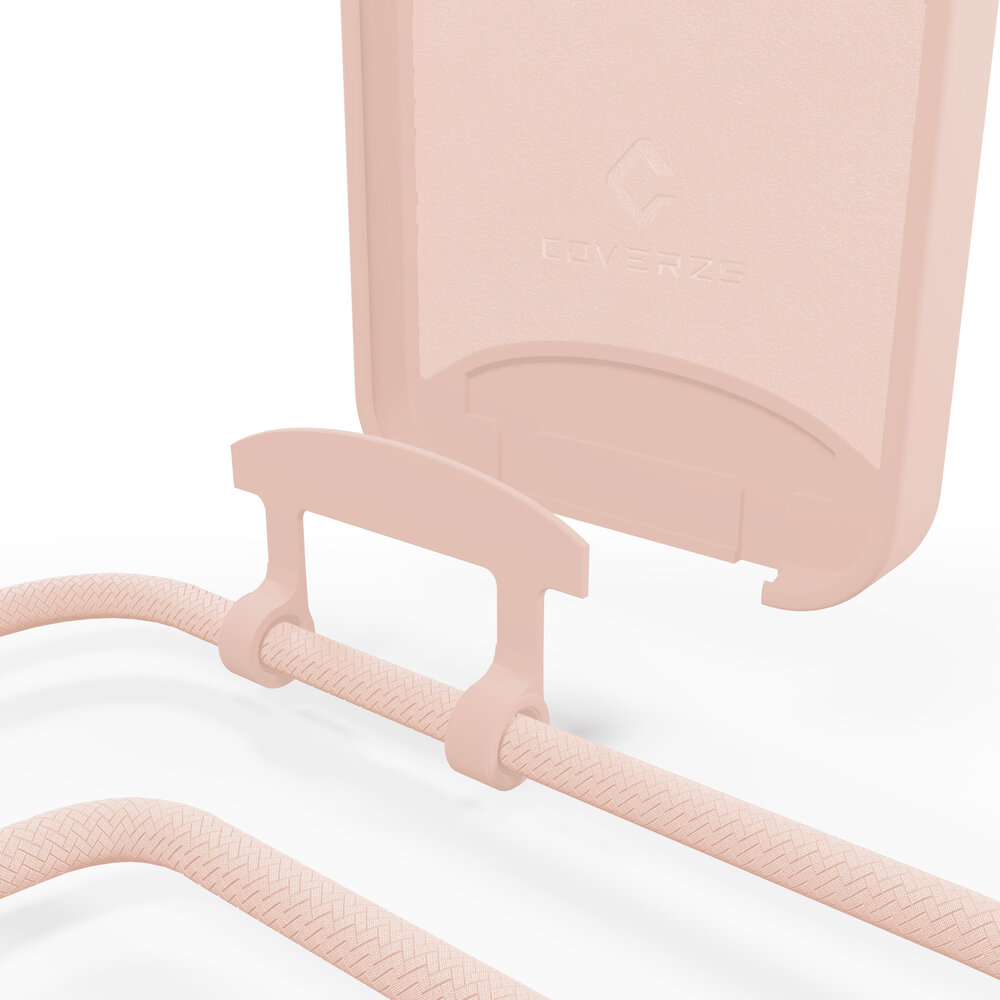 Coverzs Coverzs Silicone case met koord geschikt voor iPhone 14 Plus (roze) + ShieldCase screenprotector - beschermglas iPhone bescherming - iPhone case bescherm hoesje + Screenprotector