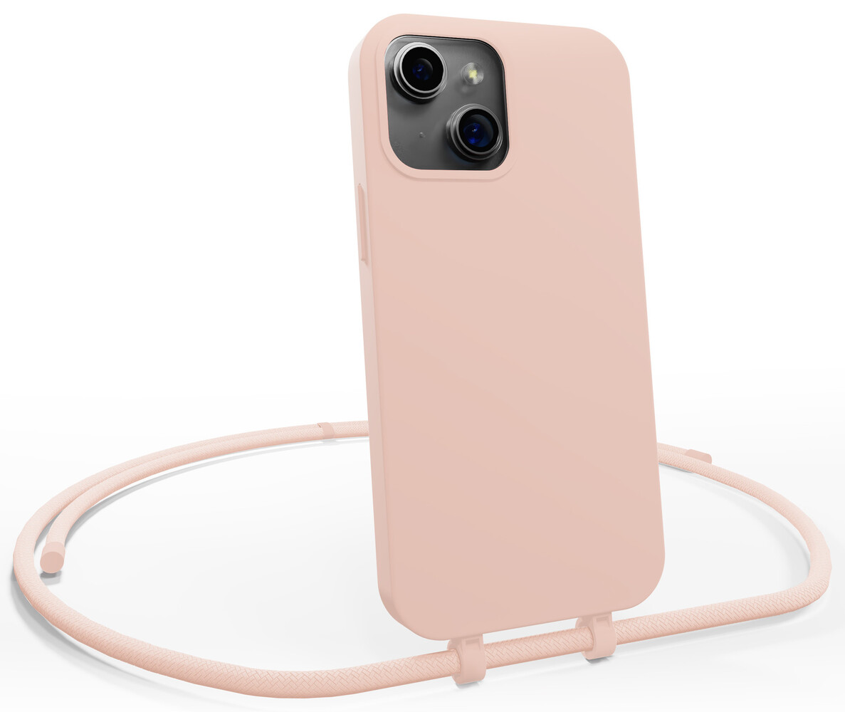 Coverzs Coverzs Silicone case met koord geschikt voor iPhone 14 Plus (roze) + ShieldCase screenprotector - beschermglas iPhone bescherming - iPhone case bescherm hoesje + Screenprotector