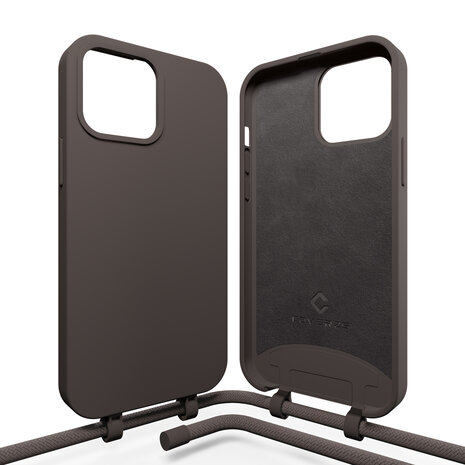 Coverzs Coverzs Silicone case met koord geschikt voor iPhone 14 Pro (koffiezwart) + ShieldCase screenprotector - beschermglas iPhone bescherming - iPhone case bescherm hoesje + Screenprotector