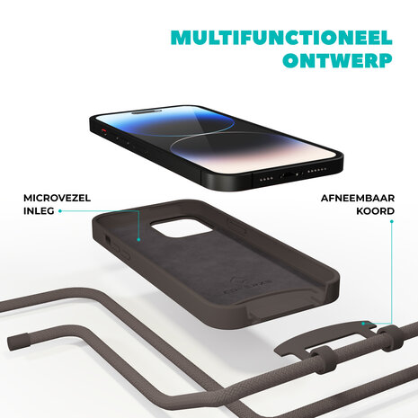 Coverzs Coverzs Silicone case met koord geschikt voor iPhone 14 Pro (koffiezwart) + ShieldCase screenprotector - beschermglas iPhone bescherming - iPhone case bescherm hoesje + Screenprotector
