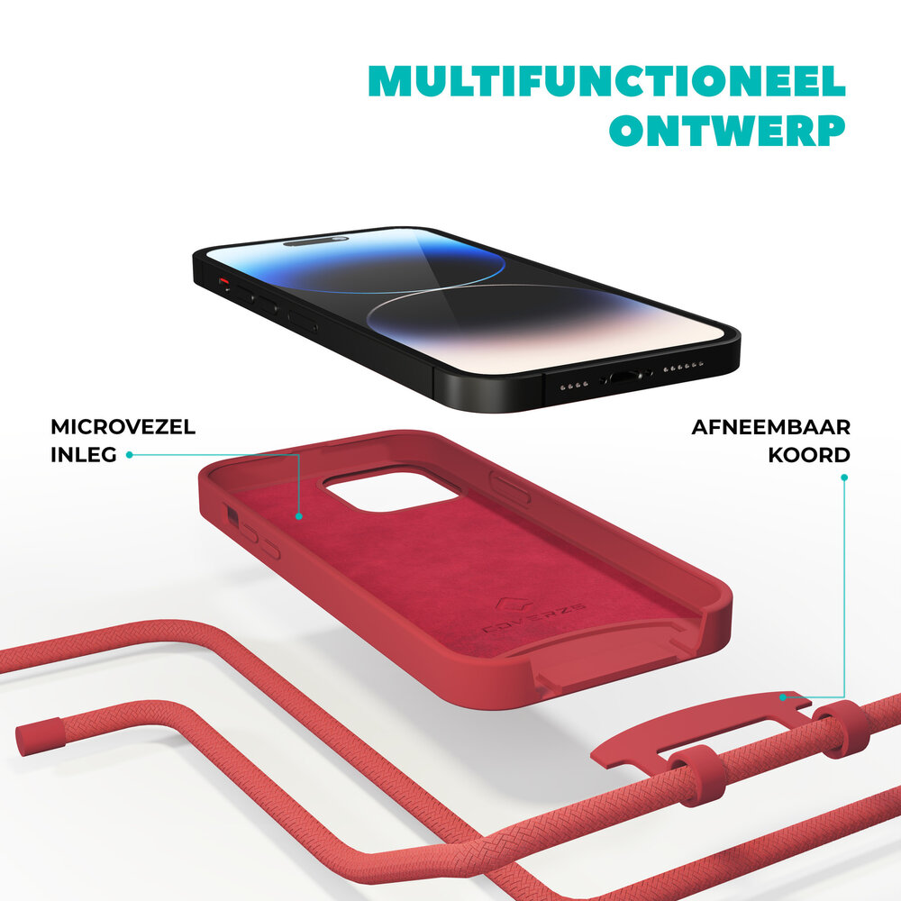 Coverzs Coverzs Silicone case met koord geschikt voor iPhone 14 Pro (rood) + ShieldCase screenprotector - beschermglas iPhone bescherming - iPhone case bescherm hoesje + Screenprotector