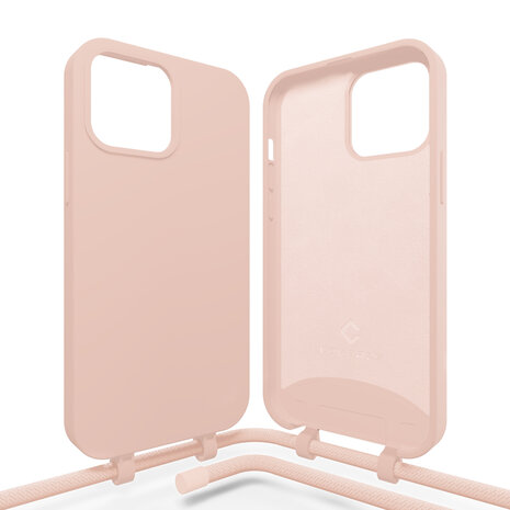 Coverzs Coverzs Silicone case met koord geschikt voor iPhone 14 Pro (roze) + ShieldCase screenprotector - beschermglas iPhone bescherming - iPhone case bescherm hoesje + Screenprotector