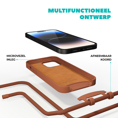 Coverzs Coverzs Silicone case met koord geschikt voor iPhone 14 Pro Max (bruin) + ShieldCase screenprotector - beschermglas iPhone bescherming - iPhone case bescherm hoesje + Screenprotector