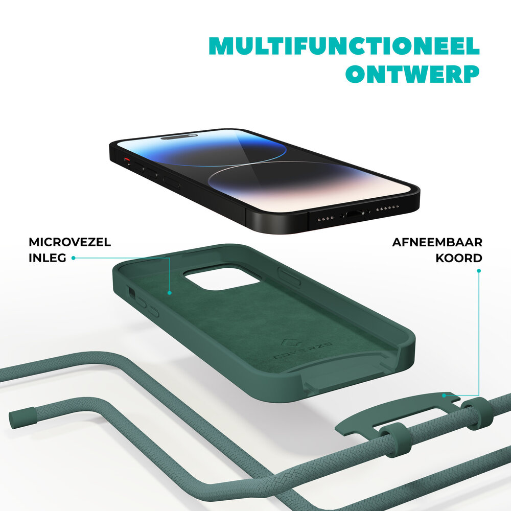 Coverzs Coverzs Silicone case met koord geschikt voor iPhone 14 Pro Max (groen) + ShieldCase screenprotector - beschermglas iPhone bescherming - iPhone case bescherm hoesje + Screenprotector