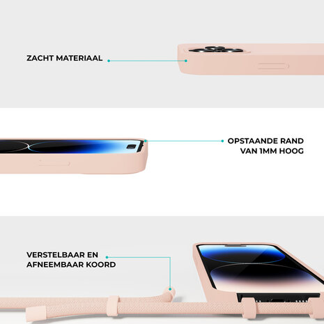 Coverzs Coverzs Silicone case met koord geschikt voor iPhone 14 Pro Max (roze) + ShieldCase screenprotector - beschermglas iPhone bescherming - iPhone case bescherm hoesje + Screenprotector