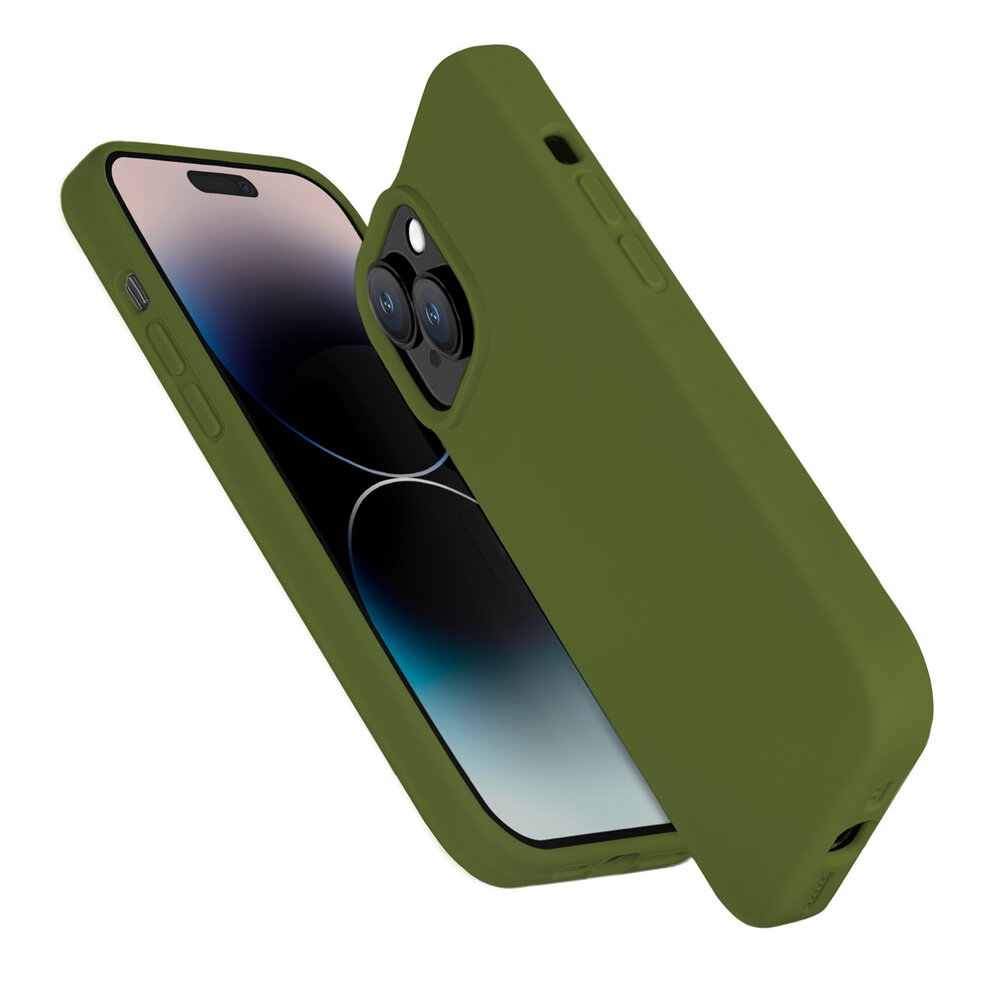 Coverzs Coverzs Solid silicone case geschikt voor iPhone 14 (legergroen) + ShieldCase screenprotector - beschermglas iPhone bescherming - iPhone case bescherm hoesje + Screenprotector