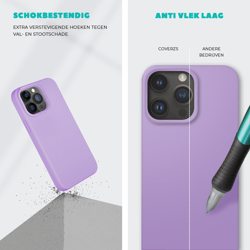 Coverzs Coverzs Solid silicone case geschikt voor iPhone 14 Pro Max (lichtpaars) + ShieldCase screenprotector - beschermglas iPhone bescherming - iPhone case bescherm hoesje + Screenprotector