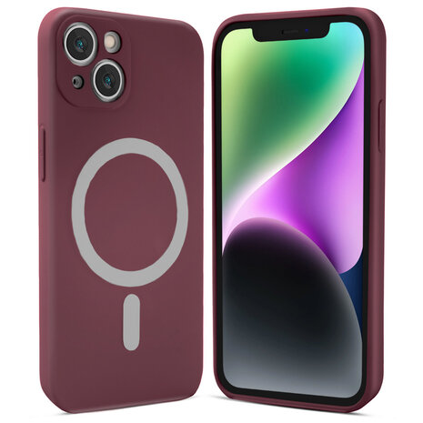 Shieldcase ShieldCase geschikt voor iPhone 14 Magsafe hoesje siliconen zijde (bordeaux) + ShieldCase screenprotector - beschermglas iPhone bescherming - iPhone case bescherm hoesje + Screenprotector