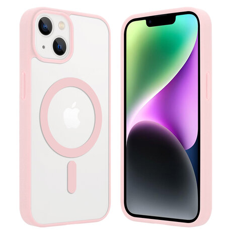 Shieldcase ShieldCase geschikt voor iPhone 14 Magsafe hoesje transparant gekleurde rand (roze) + ShieldCase screenprotector - beschermglas iPhone bescherming - iPhone case bescherm hoesje + Screenprotector