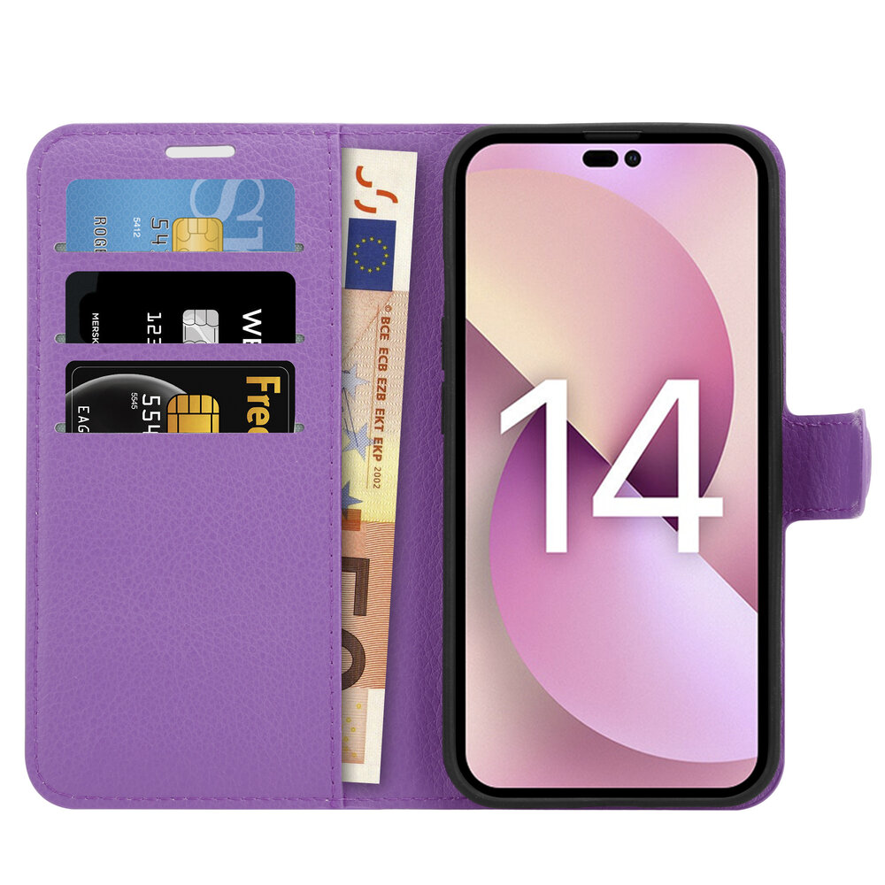 Shieldcase ShieldCase geschikt voor iPhone 14 wallet case (paars) + ShieldCase screenprotector - beschermglas iPhone bescherming - iPhone case bescherm hoesje + Screenprotector