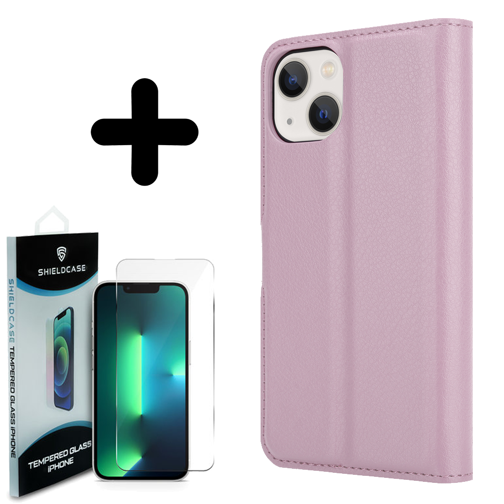 Shieldcase ShieldCase geschikt voor iPhone 14 Plus wallet case (lichtroze) + ShieldCase screenprotector - beschermglas iPhone bescherming - iPhone case bescherm hoesje + Screenprotector