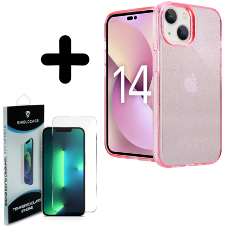 Shieldcase ShieldCase geschikt voor iPhone 14 TPU Glitter case (roze) + ShieldCase screenprotector - beschermglas iPhone bescherming - iPhone case bescherm hoesje + Screenprotector